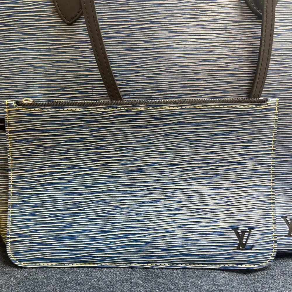 Louis Vuitton Blue Denim Epi Leather M51053 LV Neverfull MM Tote Bag Zip Pouch